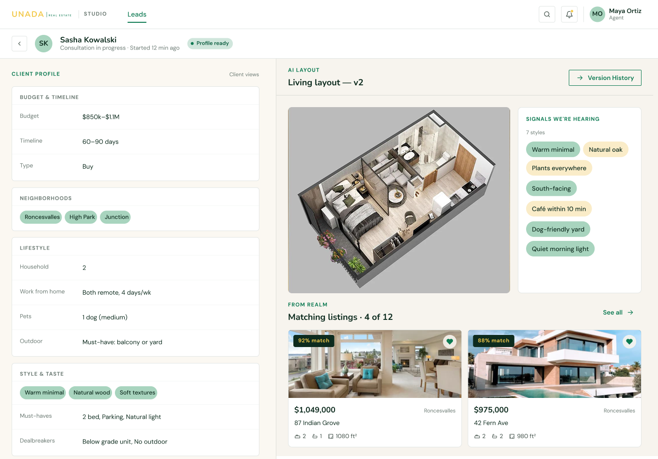 Client lead detail view